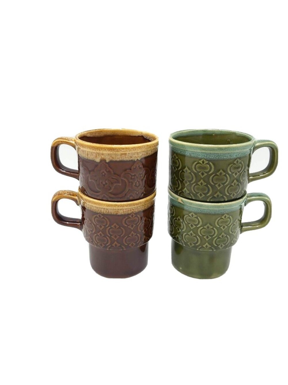 Stackable Mugs Set of 4 Brown and Green Drip Ceramic Glaze Stoneware MCM Japan